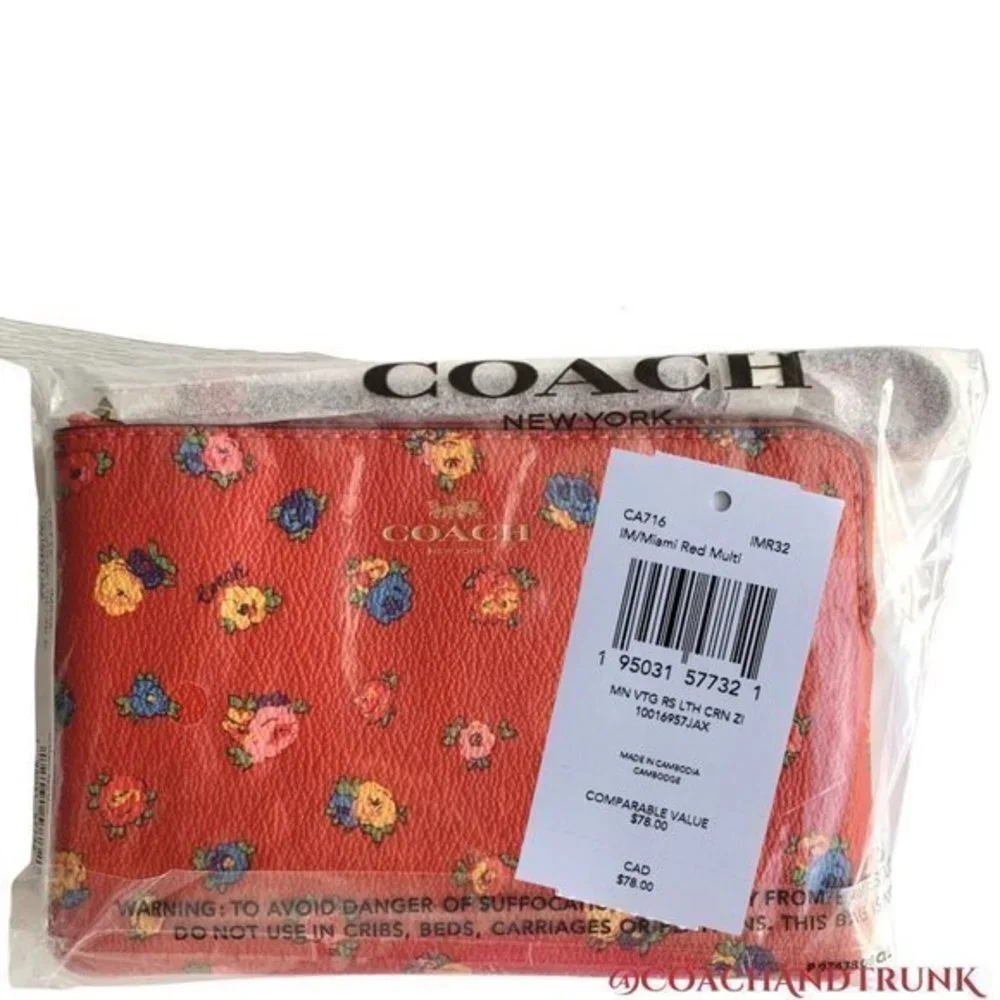 COACH‎ Corner Zip Wristlet With Mini Vintage Rose Print Miami Red Multicolor NWT
